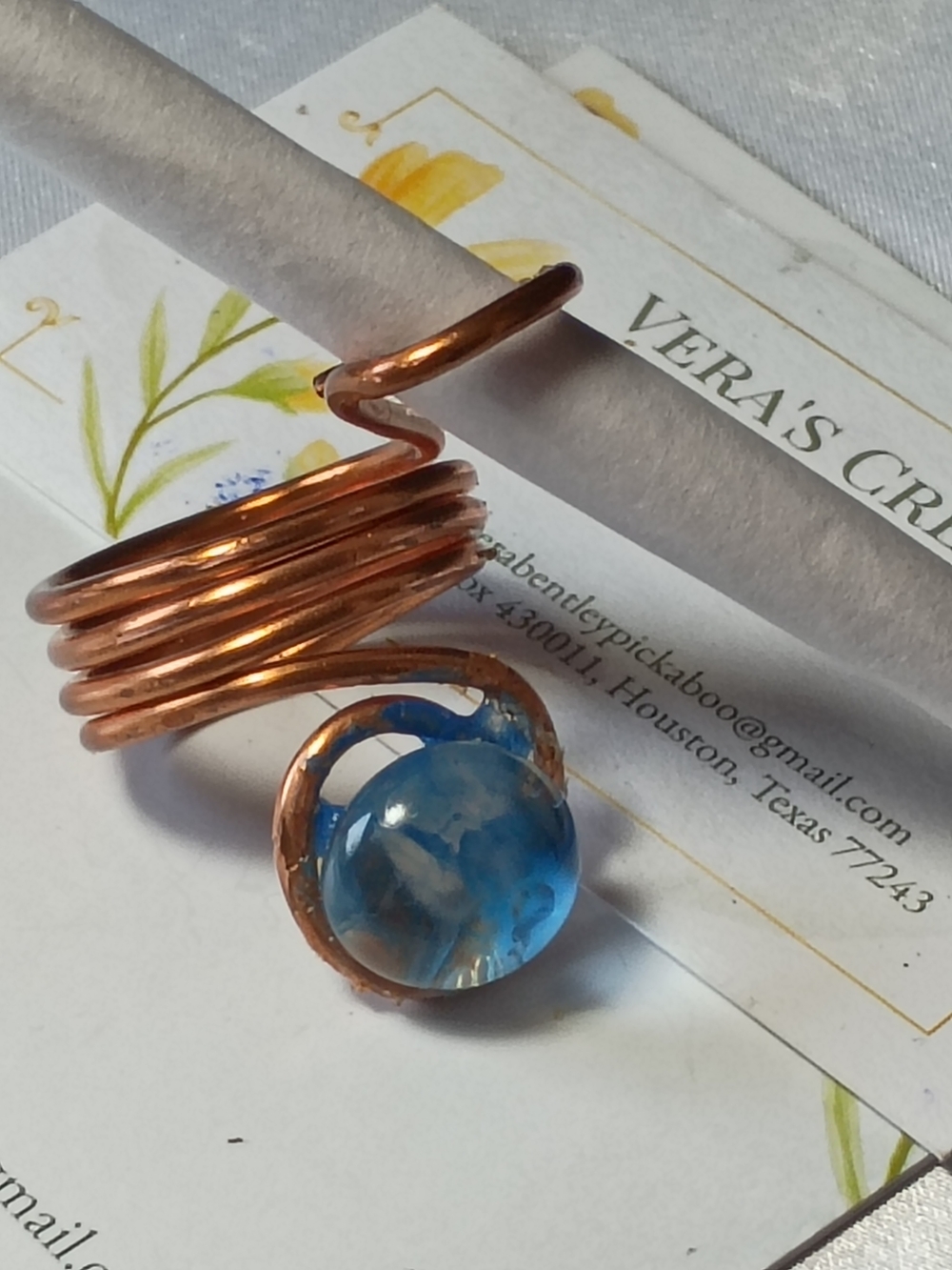 Copper Spiral Ring with Blue Glass Stone - Picture 3 of 12